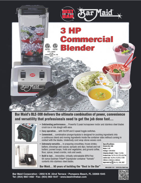 Bar-Maid BLE-300 64oz Commercial Drink Blender, Frozen Cocktails, Quiet 2-Speed, 3HP