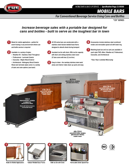 FWE CB-5 Professional Series Mobile Bar - 60" with Wheels, Ice Chest, Speed Rail