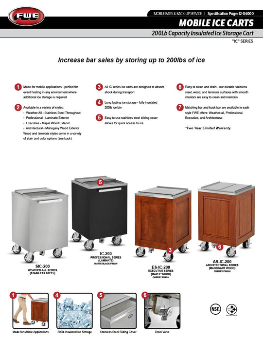 FWE IC-200 Insulated Mobile Ice Bin 200LB Capacity, Sliding Cover, Matte Black